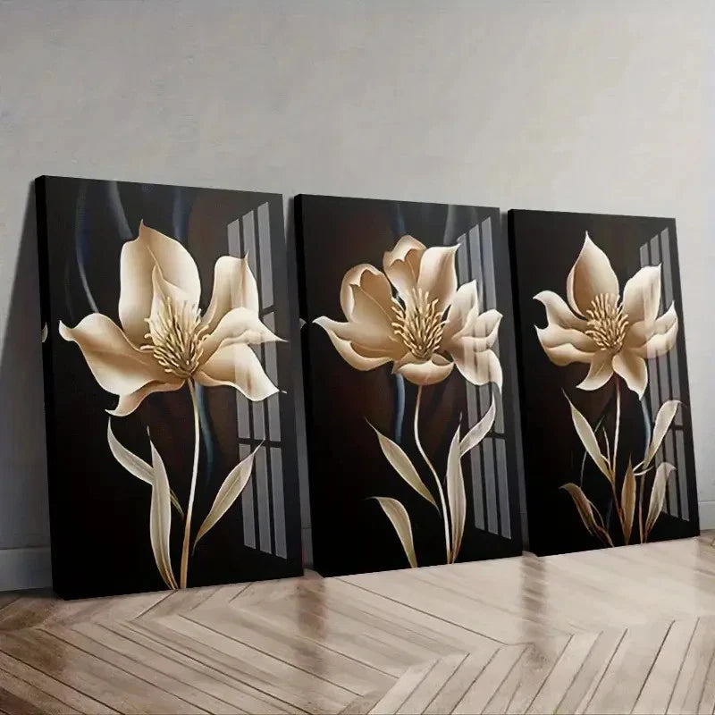 3pcs Abstract Black and Golden Floral Wall Art Set Canvas Framed 60x90cm - High Quality Print 100% Australian Made Wall Canvas Ready to Hang - Bella Home Decor