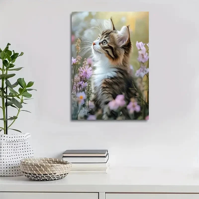Adorable Norwegian Forest Cat Kitten with Flowers 40x60cm Metal Print Ready to Hang - Bella Home Decor