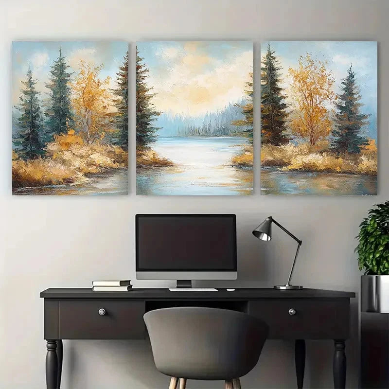 3pcs Carter Lake Pine Trees Impasto Perfect Wall Art Set Canvas Framed 60x90cm - High Quality Print 100% Australian Made Wall Canvas Ready to Hang - Bella Home Decor