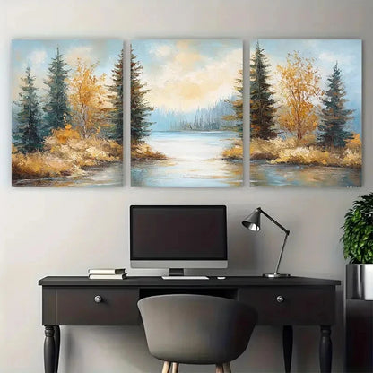 3pcs Carter Lake Pine Trees Impasto Perfect Wall Art Set Canvas Framed 60x90cm - High Quality Print 100% Australian Made Wall Canvas Ready to Hang - Bella Home Decor