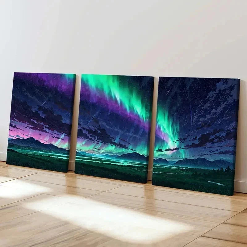 3pcs Anime Aurora Northern Lights Modern Wall Art Set Canvas Framed 50x70cm - High Quality Print 100% Australian Made Wall Canvas Ready to Hang - Bella Home Decor