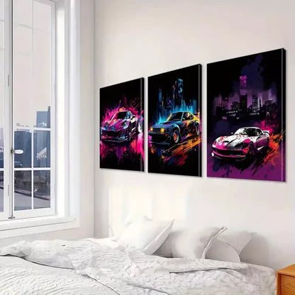 3pcs Neon Decorative Graffiti Style Sports cars  Art Set Canvas Unframed - High Quality Print 100% Australian Made Wall Canvas