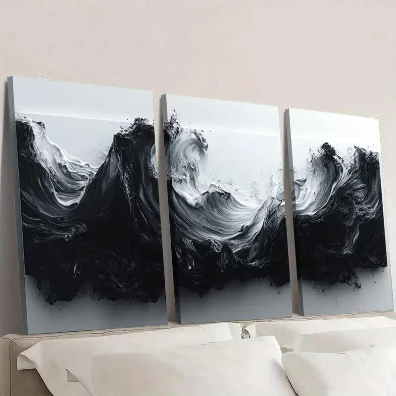 3pcs Abstract Black and White Modern Fluid Wall Art Set Canvas Framed 60x90cm - High Quality Print 100% Australian Made Wall Canvas Ready to Hang - Bella Home Decor