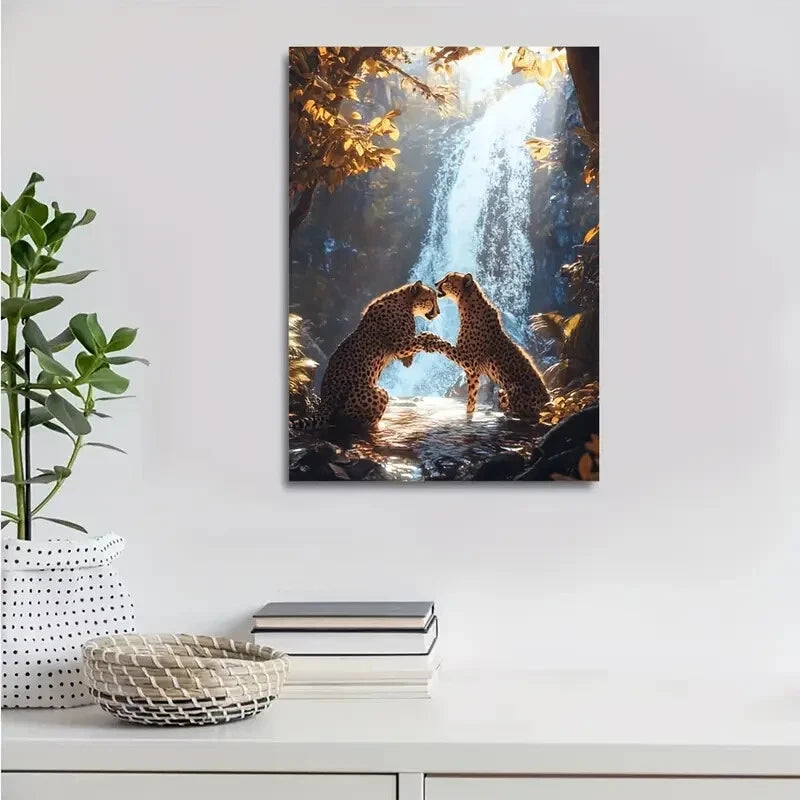 Cyberpunk Cheetahs Playful Scene Painting 40x60cm Metal Print Ready to Hang - Bella Home Decor