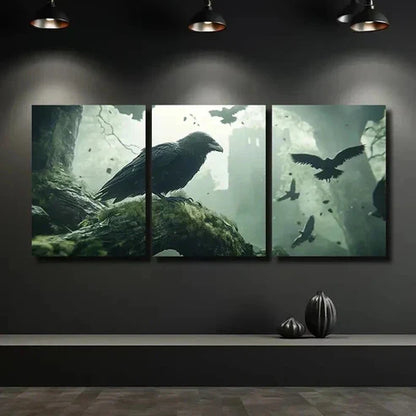 3pcs A Raven Perched on a Mossy Branch Wall Art Canvas Unframed – High Quality Print 100% Australian Made Wall Canvas - Bella Home Decor