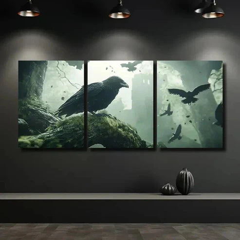 3pcs A Raven Perched on a Mossy Branch Wall Art Canvas Unframed – High Quality Print 100% Australian Made Wall Canvas