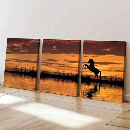 3pcs Animal Art Painting Horse At Sunset Wall Art Set Canvas Framed 50x70cm - High Quality Print 100% Australian Made Wall Canvas Ready to Hang - Bella Home Decor