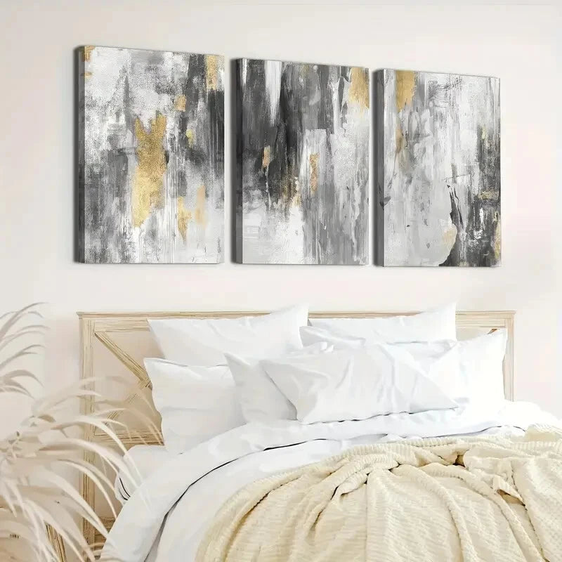 3pcs Golden And Grey Abstract Murals Perfect Wall Art Set Canvas Framed 40x60cm - High Quality Print 100% Australian Made Wall Canvas Ready to Hang - Bella Home Decor