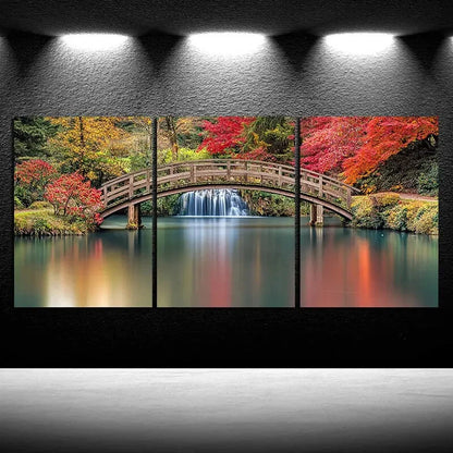 3pcs Waterfalls and Wooden Bridges Red Trees Metal Print Ready to Hang Art - Bella Home Decor