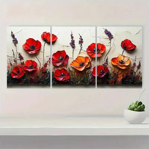 3pcs Red Poppies Light White Flower Wall Art Set Canvas Unframed - High Quality Print 100% Australian Made Wall Canvas