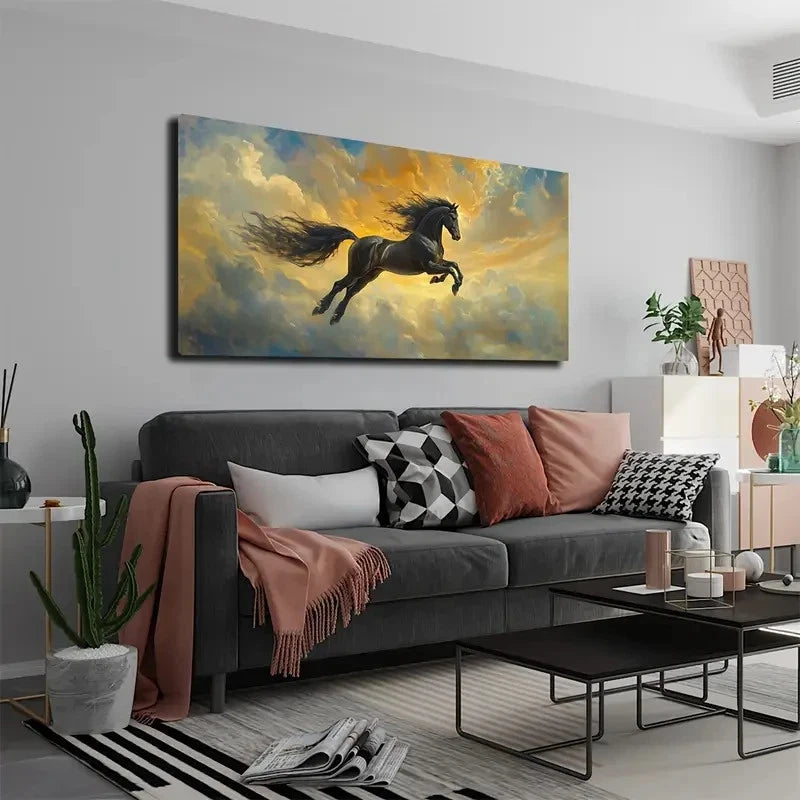 Black Steed Galloping Wall Art canvas office home room framed 120x60cm