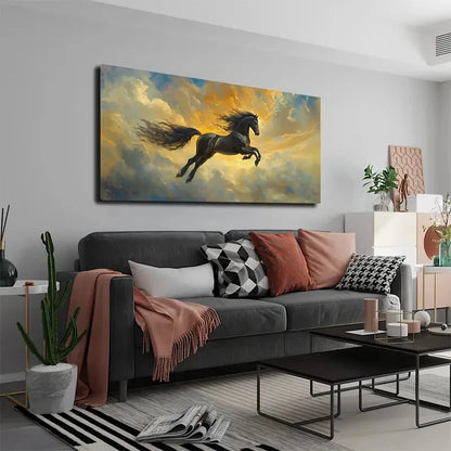 Black Steed Galloping Wall Art canvas office home room framed 120x60cm