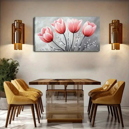 Pink Tulip White Flower Accents Wall Art Canvas Office Home Room Framed 120x60cm - Bella Home Decor
