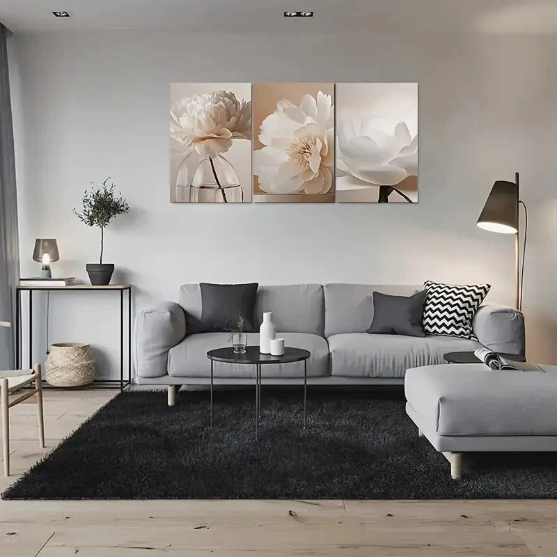 3pcs Modern Minimalist White Peony Flower Wall Art Set Canvas Framed 60x90cm - High Quality Print 100% Australian Made Wall Canvas Ready to Hang