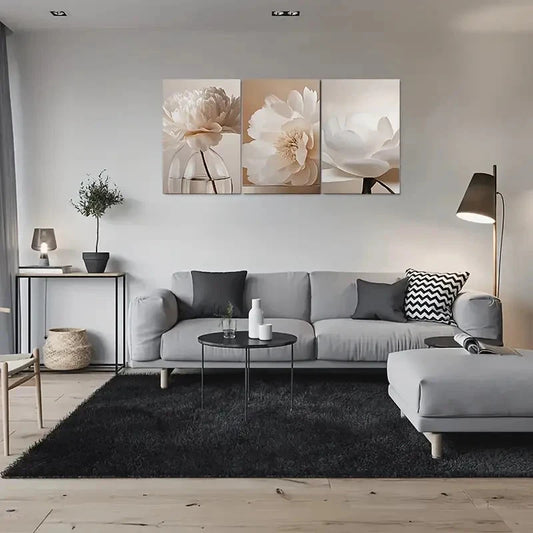3pcs Modern Minimalist White Peony Flower Wall Art Set Canvas Framed 60x90cm - High Quality Print 100% Australian Made Wall Canvas Ready to Hang