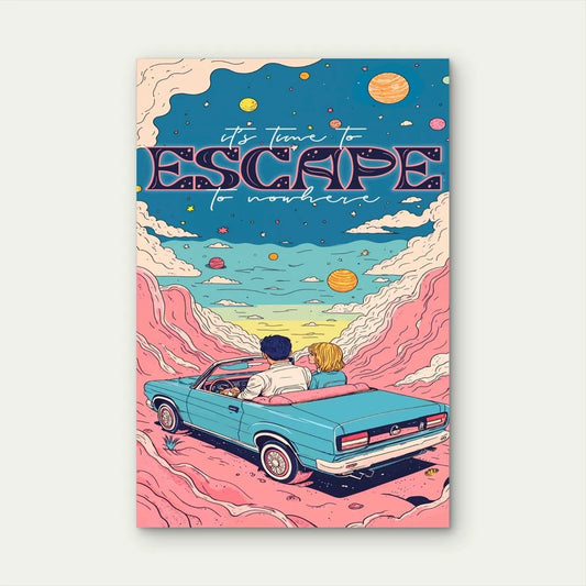 Vintage Couple Escaping Car 60x90cm Metal Print Ready to Hang