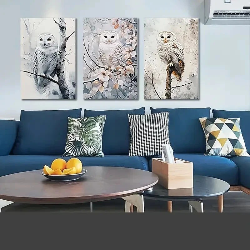 3pcs Snowy Night Owl Winter Wonderland  Wall Art Set Canvas Framed 50x70cm - High Quality Print 100% Australian Made Wall Canvas Ready to Hang