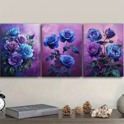 3pcs Vibrant Blue & Purple Roses with Green Leaves Metal Print Ready to Hang Art