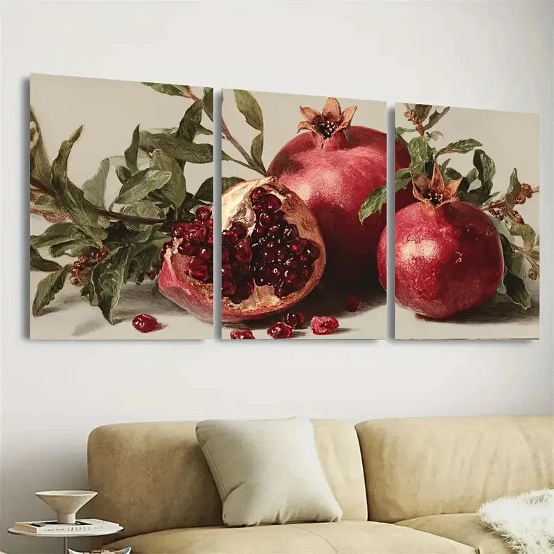 3pcs Pomegranate Botanical Kitchen Wall Art Set Canvas Framed 60x90cm - High Quality Print 100% Australian Made Wall Canvas Ready to Hang
