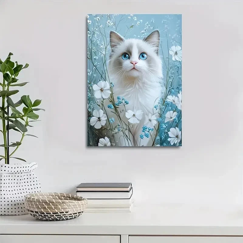 Cute Ragdoll Cat Kitten Blue Eyes & White Painting 40x60cm Metal Print Ready to Hang - Bella Home Decor