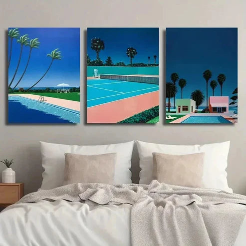 3pcs Coastal Landscape & Poolside Palm Trees Wall Art Set Canvas Unframed - High Quality Print 100% Australian Made Wall Canvas - Bella Home Decor