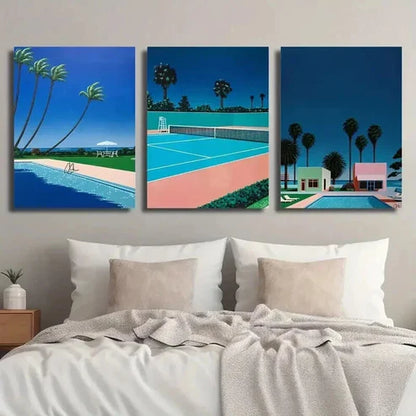 3pcs Coastal Landscape & Poolside Palm Trees Wall Art Set Canvas Unframed - High Quality Print 100% Australian Made Wall Canvas - Bella Home Decor