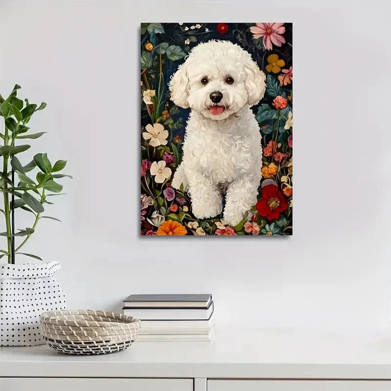 Cute Bichon Frise Dog with Vibrant Floral Painting 40x60cm Metal Print Ready to Hang