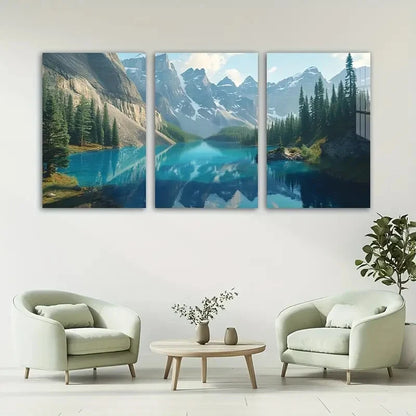 3pcs Snowy Mountains Forest Lakes Metal Print Ready to Hang Art - Bella Home Decor