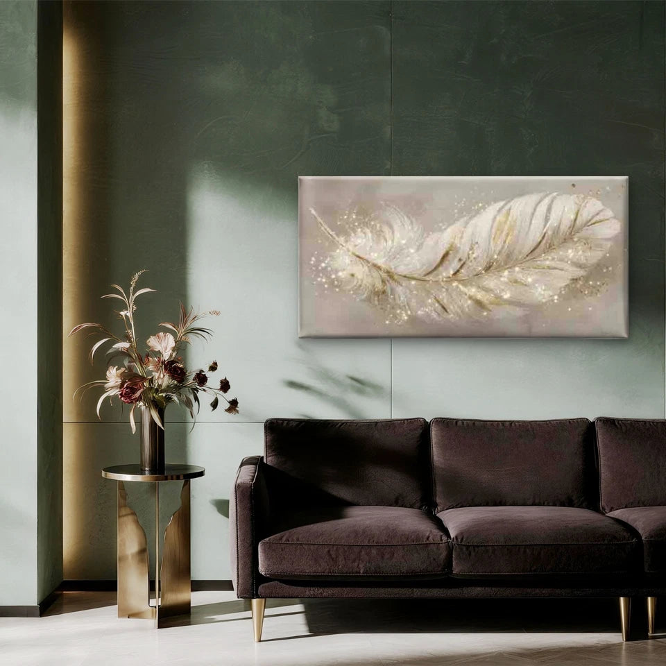 Golden Sparkle Feather Wall Art Canvas Office Home Room Framed 120x60cm - Bella Home Decor