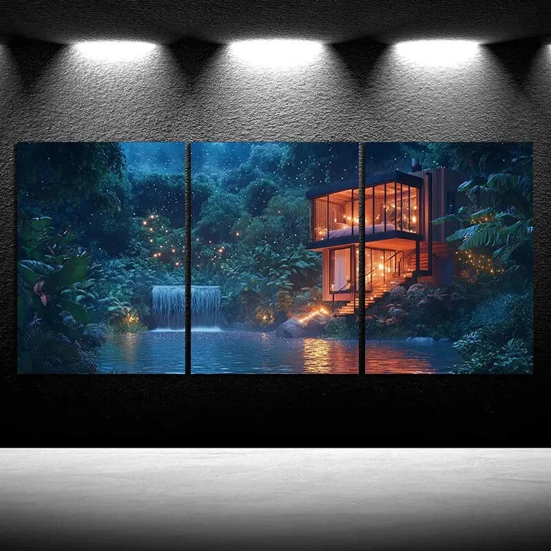 3pcs The Glass House by the River Nature Metal Print Ready to Hang Art - Bella Home Decor
