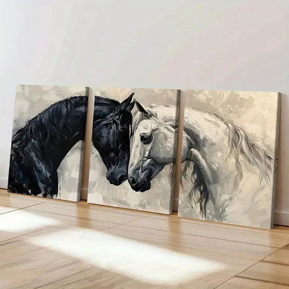 3pcs Abstract Black White Horses Love  Wall Art Set Canvas Framed 50x70cm - High Quality Print 100% Australian Made Wall Canvas Ready to Hang - Bella Home Decor