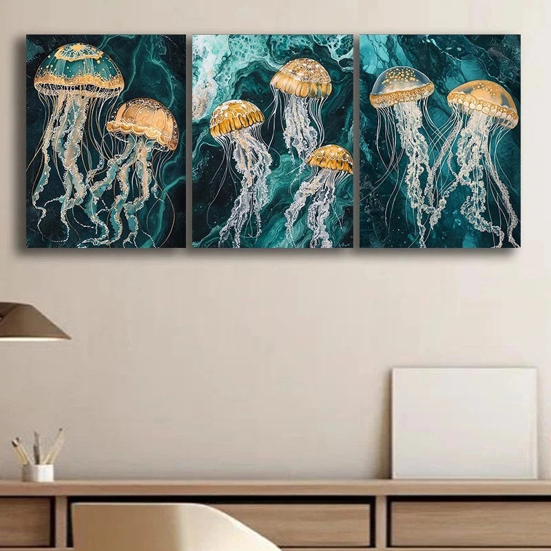3pcs Contemporary Jellyfish Vibrant Teal & Orange Metal Print Ready to Hang Art - Bella Home Decor