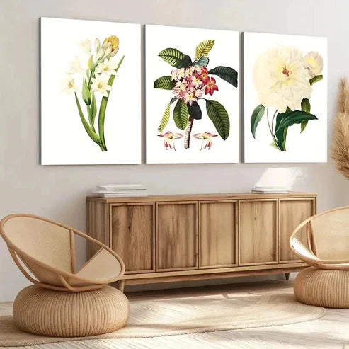 3pcs White Red Florals Green Leaves Rose Yellow Wall Art Canvas Unframed - High Quality Print 100% Australian Made Wall Canvas
