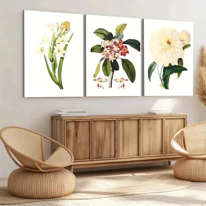 3pcs White Red Florals Green Leaves Rose Yellow Wall Art Canvas Unframed - High Quality Print 100% Australian Made Wall Canvas