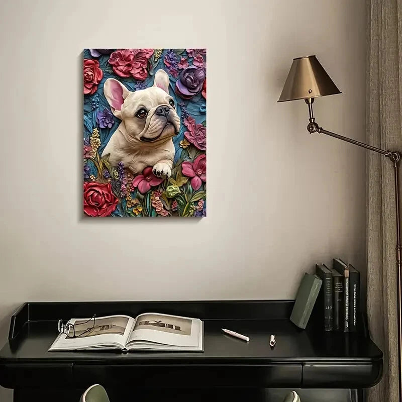 French Bulldog Surrounded by Heart Painting 40x60cm Metal Print Ready to Hang - Bella Home Decor