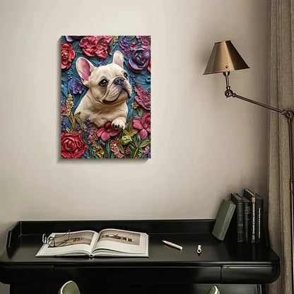 French Bulldog Surrounded by Heart Painting 40x60cm Metal Print Ready to Hang - Bella Home Decor