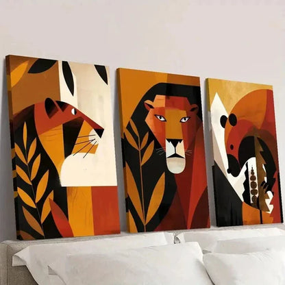 3pcs Geometric Lions Bears Plants Illustrations Wall Art Canvas Unframed - High Quality Print 100% Australian Made Wall Canvas - Bella Home Decor