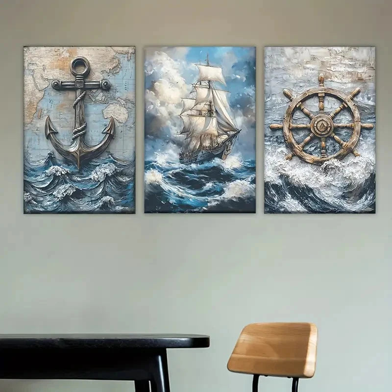 3pcs A painting of a ship in the ocean Wall Art Set Canvas Framed 50x70cm - High Quality Print 100% Australian Made Wall Canvas Ready to Hang - Bella Home Decor