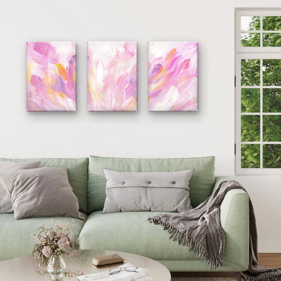3pcs Abstract Pink Watercolour Brushstrokes Wall Art Set Canvas Framed 50x70cm - High Quality Print 100% Australian Made Wall Canvas Ready to Hang