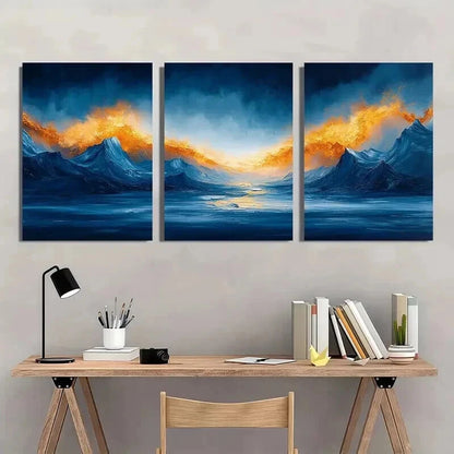 3pcs Abstract Blue & Golden Mountain Landscape Wall Art Set Canvas Framed 50x70cm - High Quality Print 100% Australian Made Wall Canvas Ready to Hang - Bella Home Decor