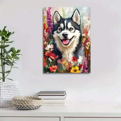 Flowers And Plants Cute Husky Dog Painting 40x60cm Metal Print Ready to Hang