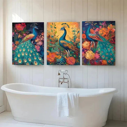 3pcs Peacock and Floral Colorful Nature Prefect Wall Art Set Canvas Unframed - High Quality Print 100% Australian Made Wall Canvas