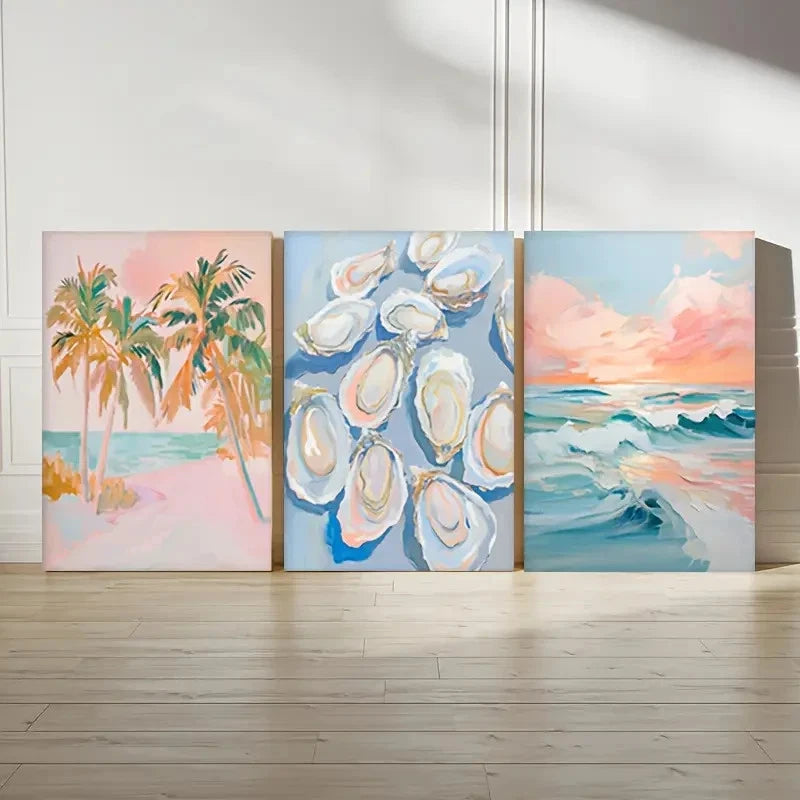 3pcs Sea View And Palm Tree Printing Ocean Oyster Metal Print Ready to Hang Art