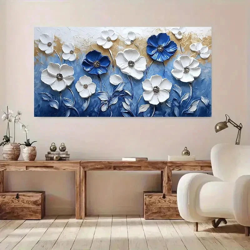 Abstract Blue And White Floral Wall Art Canvas Office Home Room Framed 120x60cm