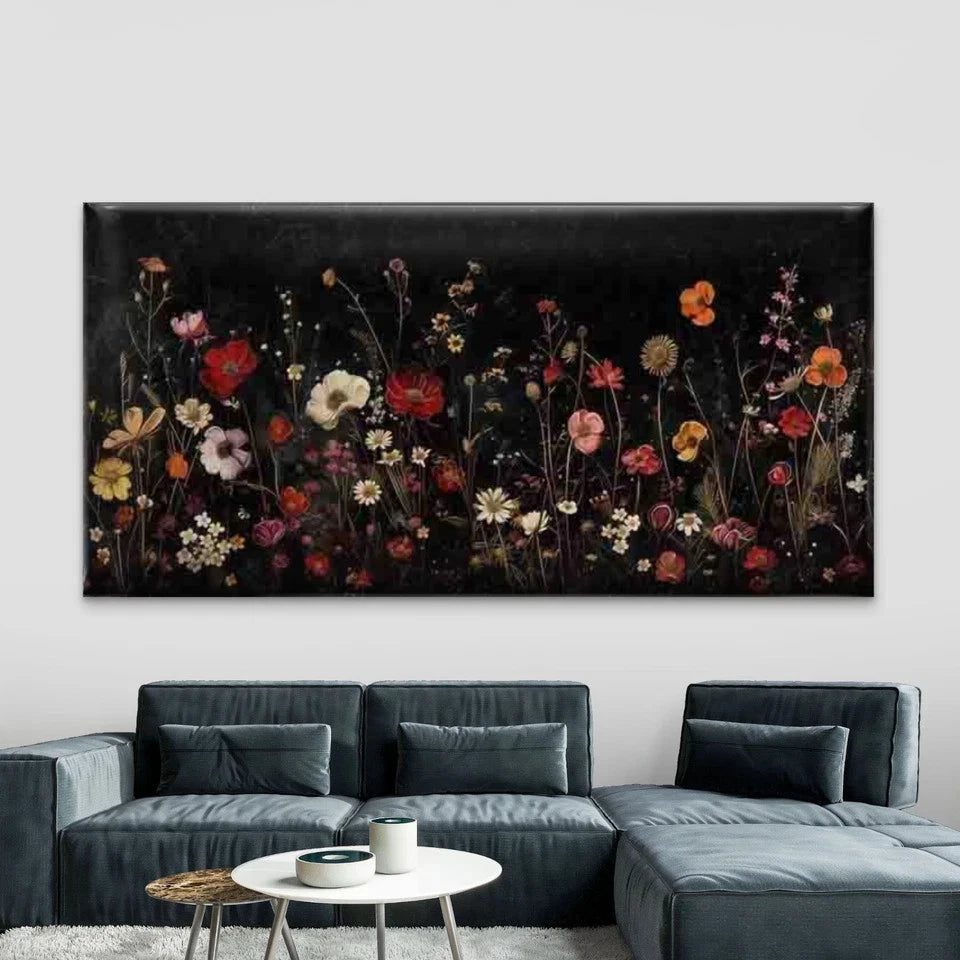 Modern Wildflowers on Black Wall Art Canvas Office Home Room Framed 120x60cm