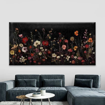 Modern Wildflowers on Black Wall Art Canvas Office Home Room Framed 120x60cm