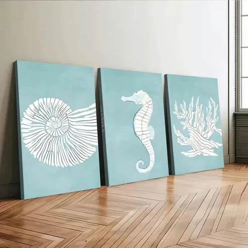 3pcs Seahorses Corals & Shells Ocean Life Blue Wall Art Canvas Unframed - High Quality Print 100% Australian Made Wall Canvas