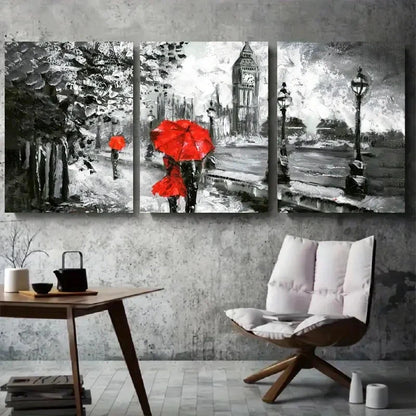 3pcs Black and White Street with Red Umbrellas Metal Print Ready to Hang Art - Bella Home Decor
