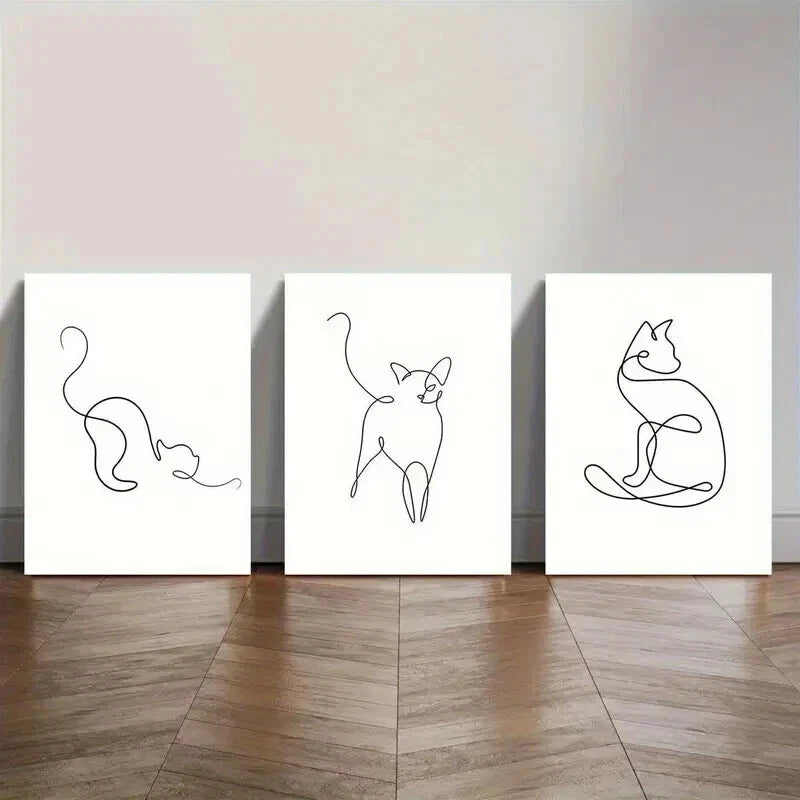 3pcs Abstract Line Cat Minimalist B&W Perfect Wall Art Set Canvas Framed 50x70cm - High Quality Print 100% Australian Made Wall Canvas Ready to Hang - Bella Home Decor