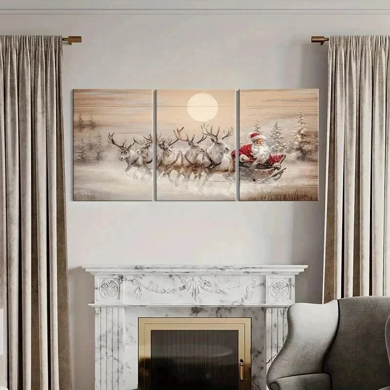 3pcs Santa Claus Reindeer Sleigh Moonlight Wall Art Set Canvas Framed 50x70cm - High Quality Print 100% Australian Made Wall Canvas Ready to Hang - Bella Home Decor